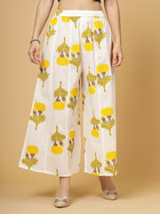 Yellow & White Floral Printed Cotton Flared Palazzos – Elasticated Waistband – Woven