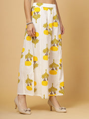 Yellow & White Floral Printed Cotton Flared Palazzos – Elasticated Waistband – Woven