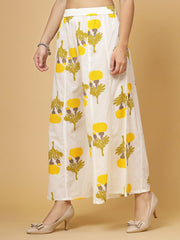 Yellow & White Floral Printed Cotton Flared Palazzos – Elasticated Waistband – Woven