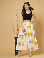 Yellow & White Floral Printed Cotton Flared Palazzos – Elasticated Waistband – Woven