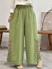 Green Ethnic Motifs Woven Cotton Palazzos – Flared Fit – Printed