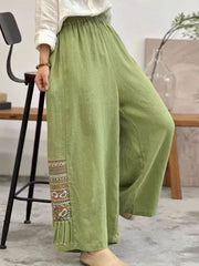 Green Ethnic Motifs Woven Cotton Palazzos – Flared Fit – Printed