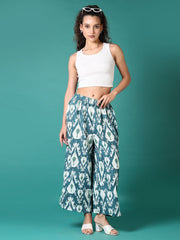 Green Printed Viscose Rayon Palazzo Pants – Mid-Rise – Elasticated Waistband