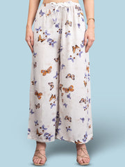 White & Purple Flared Knitted Viscose Rayon Palazzos – Butterfly Print – Elastic Waistband