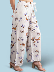 White & Purple Flared Knitted Viscose Rayon Palazzos – Butterfly Print – Elastic Waistband