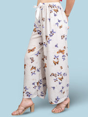 White & Purple Flared Knitted Viscose Rayon Palazzos – Butterfly Print – Elastic Waistband