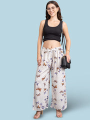 White & Purple Flared Knitted Viscose Rayon Palazzos – Butterfly Print – Elastic Waistband