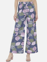 Blue & Pink Floral Printed Crepe Palazzos – Elastic Waist – Woven