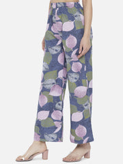 Blue & Pink Floral Printed Crepe Palazzos – Elastic Waist – Woven
