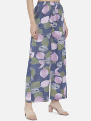 Blue & Pink Floral Printed Crepe Palazzos – Elastic Waist – Woven