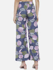 Blue & Pink Floral Printed Crepe Palazzos – Elastic Waist – Woven
