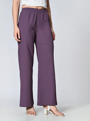 Purple Straight Fit Crepe Palazzos – Elasticated Waistband – Solid Self Design