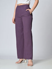 Purple Straight Fit Crepe Palazzos – Elasticated Waistband – Solid Self Design