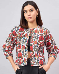 Floral Print Polyester Shrug – Open Front