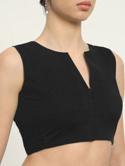 Black Crop Viscose Rayon Saree Blouse – V-Neck – Hook Closure