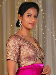 Pink Woven Brocade Blouse – V-Neck – Tie-Up Closure