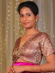 Pink Woven Brocade Blouse – V-Neck – Tie-Up Closure