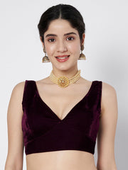 Burgundy Solid Velvet Saree Blouse – V-Neck – Sleeveless