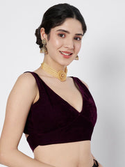 Burgundy Solid Velvet Saree Blouse – V-Neck – Sleeveless
