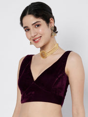 Burgundy Solid Velvet Saree Blouse – V-Neck – Sleeveless