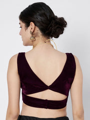 Burgundy Solid Velvet Saree Blouse – V-Neck – Sleeveless