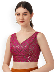 Pink & Gold Geometric Printed Art Silk Saree Blouse – V-Neck – Stylized Back