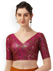 Pink & Gold Geometric Printed Art Silk Saree Blouse – V-Neck – Stylized Back