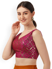 Pink & Gold Geometric Printed Art Silk Saree Blouse – V-Neck – Stylized Back