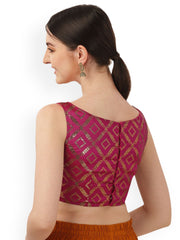 Pink & Gold Geometric Printed Art Silk Saree Blouse – V-Neck – Stylized Back
