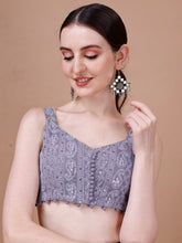 Grey Embroidered Georgette Blouse – V-Neck – Thread Embroidery