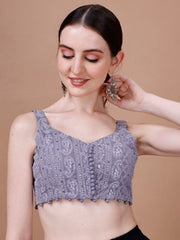 Grey Embroidered Georgette Blouse – V-Neck – Thread Embroidery