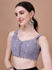 Grey Embroidered Georgette Blouse – V-Neck – Thread Embroidery