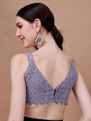Grey Embroidered Georgette Blouse – V-Neck – Thread Embroidery