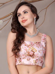 Pink Printed Silk Blouse – Square Neck – Zip Closure