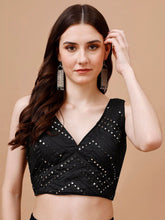 Black Dupion Saree Blouse – V-Neck – Mirror Work