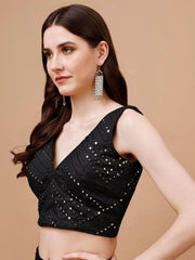 Black Dupion Saree Blouse – V-Neck – Mirror Work