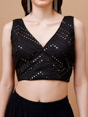 Black Dupion Saree Blouse – V-Neck – Mirror Work