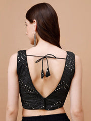 Black Dupion Saree Blouse – V-Neck – Mirror Work