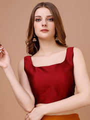 Maroon Solid Taffeta Saree Blouse – U-Neck – Sleeveless