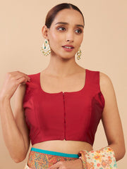 Maroon Solid Taffeta Saree Blouse – U-Neck – Sleeveless