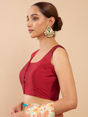 Maroon Solid Taffeta Saree Blouse – U-Neck – Sleeveless