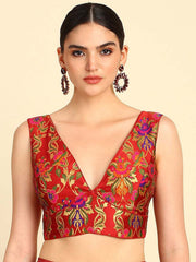 Maroon Woven Silk Blend Blouse – V-Neck – Tie-Up Detail