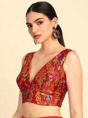 Maroon Woven Silk Blend Blouse – V-Neck – Tie-Up Detail