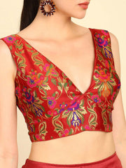 Maroon Woven Silk Blend Blouse – V-Neck – Tie-Up Detail