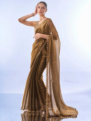 Gunmetal & Gold Solid Organza Saree – Embellished Border – Sequinned