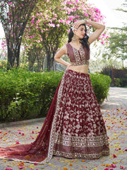 Maroon & Gold Embroidered Silk Lehenga – Sequinned – Semi-Stitched with Dupatta