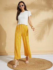 Mustard Yellow Printed Rayon Palazzos – Wide Leg – Elastic Waist