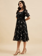 Black Floral Georgette Midi Dress – Square Neck – Puff Sleeves