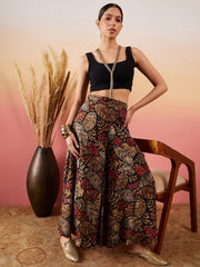 Black Floral Printed Flared Palazzos – Rayon – Slip-On Waist