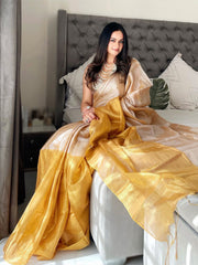 Gold & Beige Colourblocked Tissue Saree – No Border – Printed